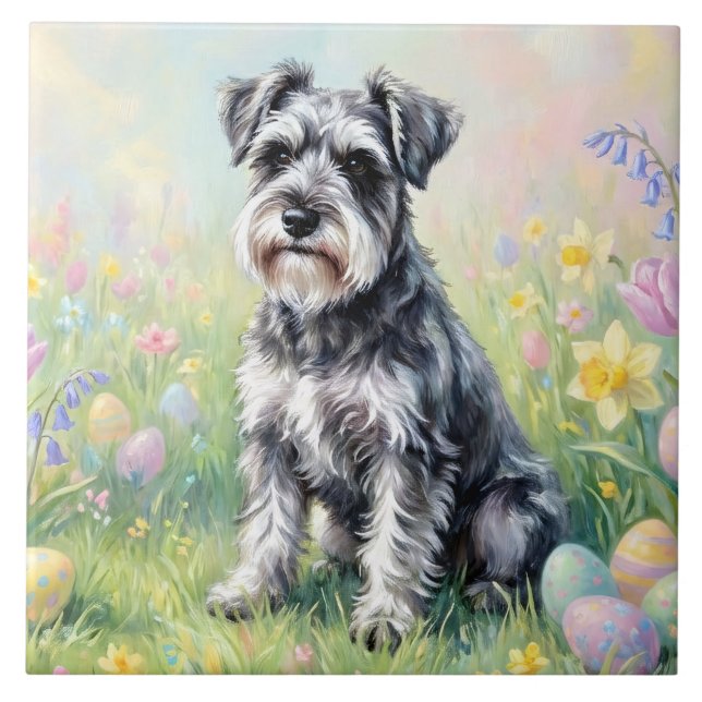 Whimsical Schnauzer with Easter Eggs Kakelplatta (Framsidan)