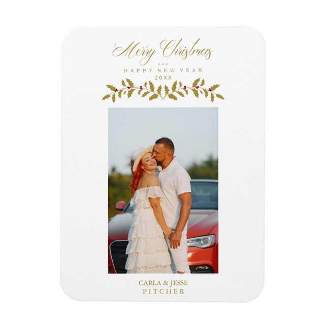 Whimsical Script Citat Foto Jul Familj Guld Magnet (Vertikal)