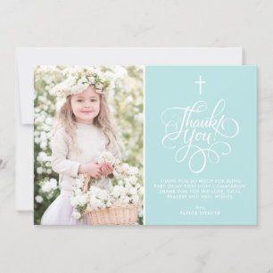 Whimsical Script Light Blue First Heliga Communion Tack Kort