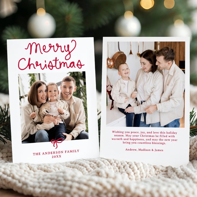 Whimsical Script Red Bow Christmas 2 Photo Julkort (Skapare uppladdad)