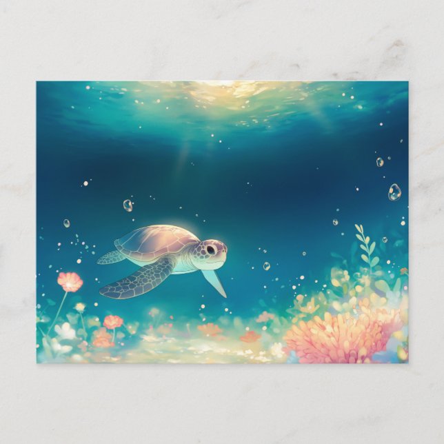Whimsical Sea Turtle in Luminous Ocean Vykort (Framsida)