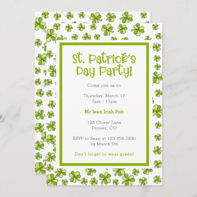 Whimsical Shamrocks St. Patrick Day Party Inbjudningar (Fram/baksida)