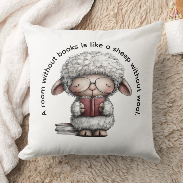 Whimsical Sheep Reading a Book Kudde (Filt)