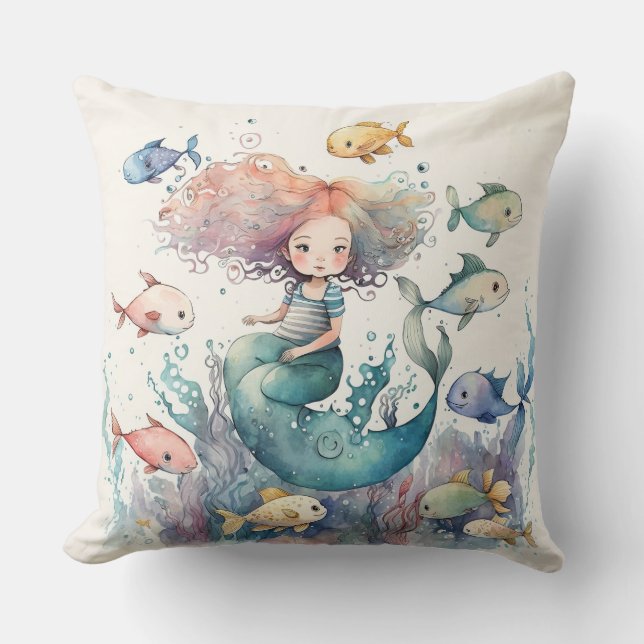 Whimsical sjöjungfru under havsfiskar akvarell kudde (Framsida)