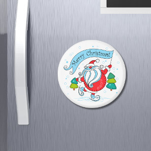 Whimsical Skating Jultomten GOD JUL Magnet