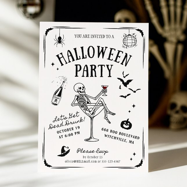 Whimsical Skeleton in Martini Glass, Halloween Inbjudningar (Skapare uppladdad)
