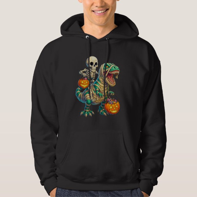 Whimsical Skeleton Riding Mummy T-Rex Halloween Hoodie (Framsida)
