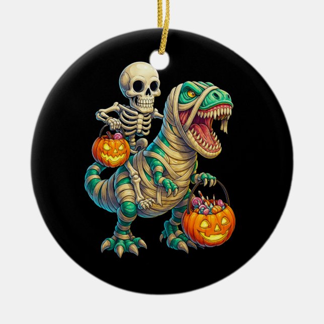 Whimsical Skeleton Riding Mummy T-Rex Halloween Julgransprydnad Keramik (Framsidan)