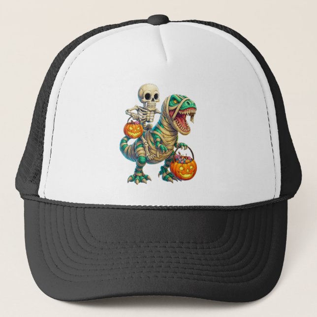 Whimsical Skeleton Riding Mummy T-Rex Halloween Keps (Framsida)