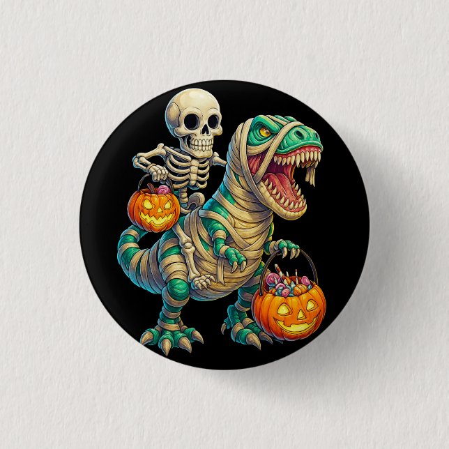 Whimsical Skeleton Riding Mummy T-Rex Halloween Knapp (Framsida)