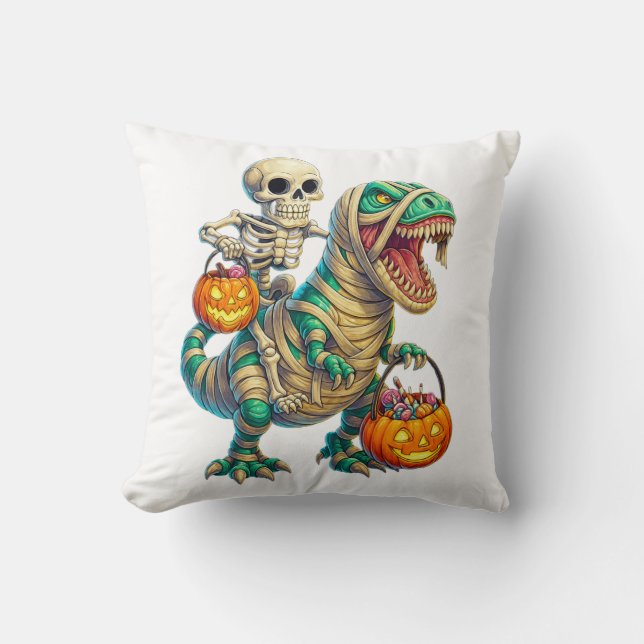Whimsical Skeleton Riding Mummy T-Rex Halloween Kudde (Framsida)