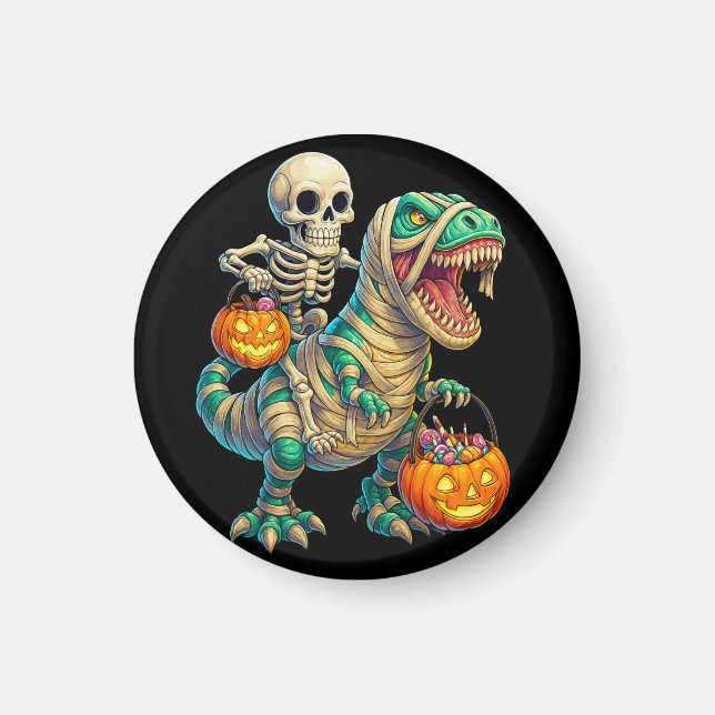 Whimsical Skeleton Riding Mummy T-Rex Halloween Magnet (Framsidan)