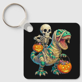 Whimsical Skeleton Riding Mummy T-Rex Halloween Nyckelring