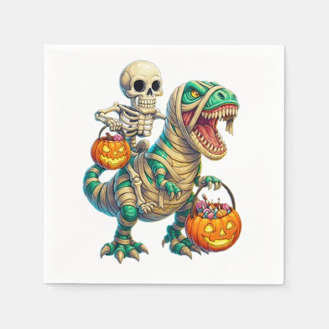 Whimsical Skeleton Riding Mummy T-Rex Halloween Pappersservett (Framsidan)