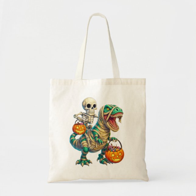 Whimsical Skeleton Riding Mummy T-Rex Halloween Tygkasse (Framsidan)