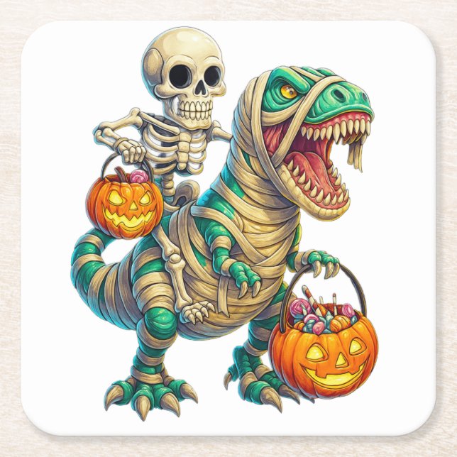 Whimsical Skeleton Riding Mummy T-Rex Halloween Underlägg Papper Kvadrat (Framsidan)