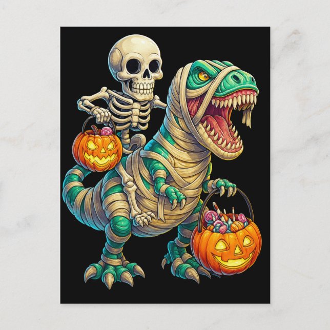 Whimsical Skeleton Riding Mummy T-Rex Halloween Vykort (Framsida)