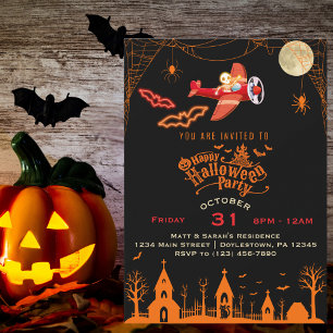 Whimsical Skelett Flygande Flygplan Halloweenfest Inbjudningar