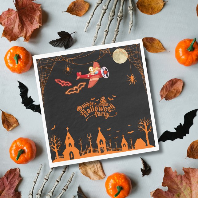 Whimsical Skelett Flygande Flygplan Halloweenfest Pappersservett (Skapare uppladdad)