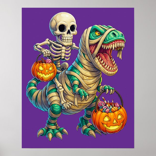 Whimsical skelett ryttare Mummie T-Rex Halloween  Poster (Framsidan)