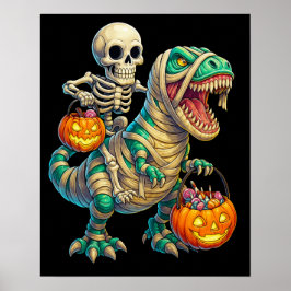 Whimsical skelett ryttare Mummie T-Rex Halloween Poster