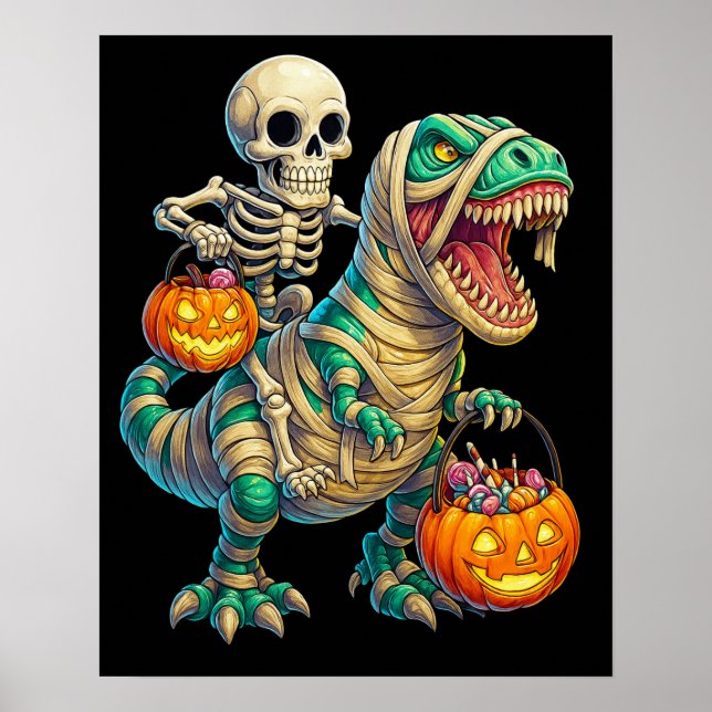 Whimsical skelett ryttare Mummie T-Rex Halloween  Poster (Framsidan)