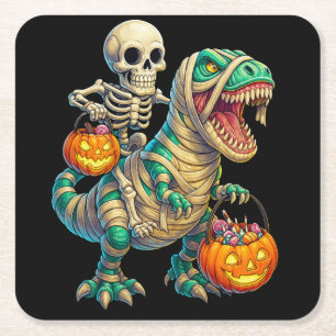 Whimsical skelett ryttare Mummie T-Rex Halloween  Underlägg Papper Kvadrat