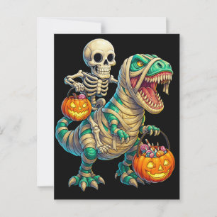 Whimsical skelett ryttare Mummie T-Rex Halloween Vykort