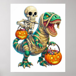 Whimsical skelett ryttare Mummy T-Rex Halloween Poster