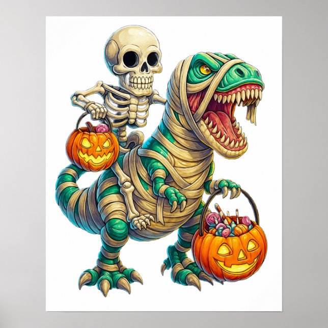 Whimsical skelett ryttare Mummy T-Rex Halloween  Poster (Framsidan)