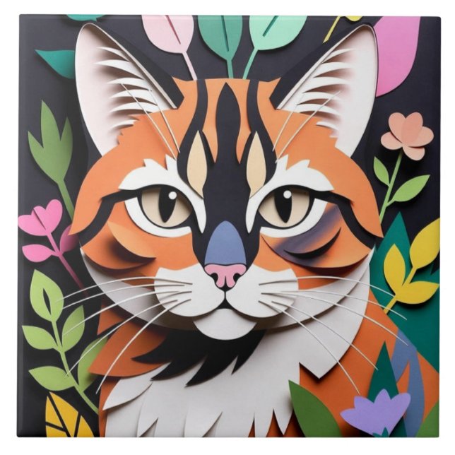 Whimsical Skog katt i Papper-Utsnitt Konst Kakelplatta (Framsidan)