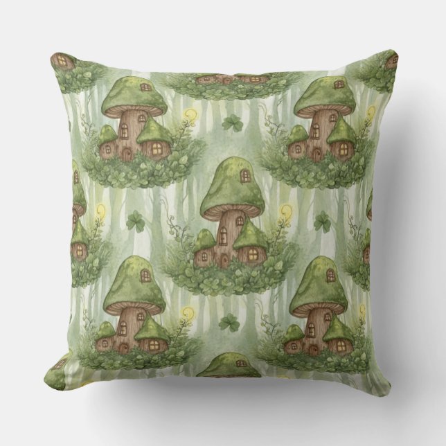 Whimsical Skog Svamp Fairy Hus Mönster Kudde (Framsida)