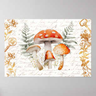 Whimsical Skog Svamp Vintage Brev Farmhus Poster