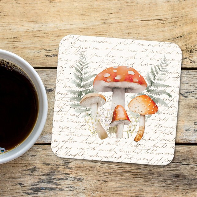 Whimsical Skog Svamp Vintage Gårdshus  Underlägg Papper Kvadrat (In situ, on wood table)