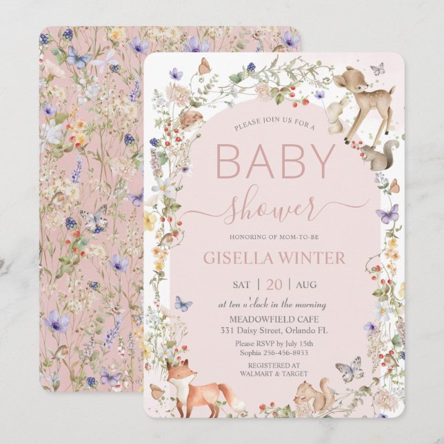 Whimsical Skogs Djur Vildblomma Baby Shower  Inbjudningar (Fram/baksida)