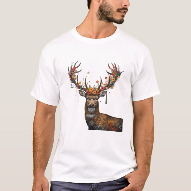 Whimsical Skogs Hjort med Vilda Blommor T-shirt (Framsida)