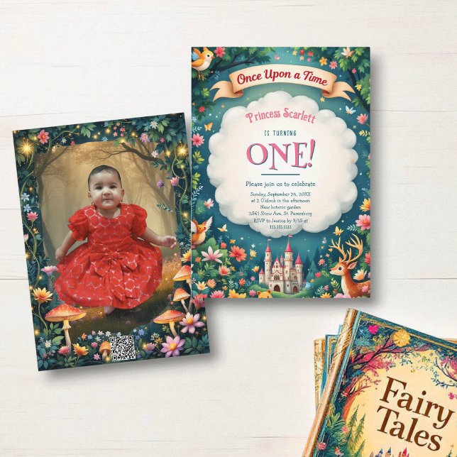 Whimsical Skogs Slott Sagoberättelse 1-års Födelse Inbjudningar (Skapare uppladdad)