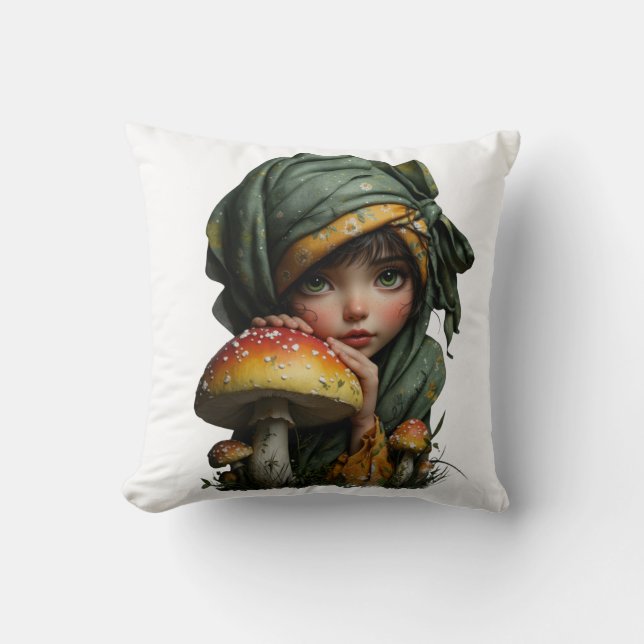 Whimsical Skogsflicka med Svamp Fantasi Konst Kudde (Framsida)