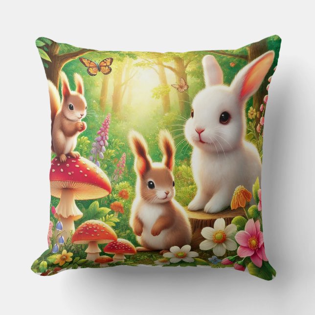 Whimsical skogsscen med kaniner, ekorrar kudde (Framsida)