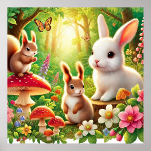 Whimsical skogsscen med kaniner, ekorrar poster