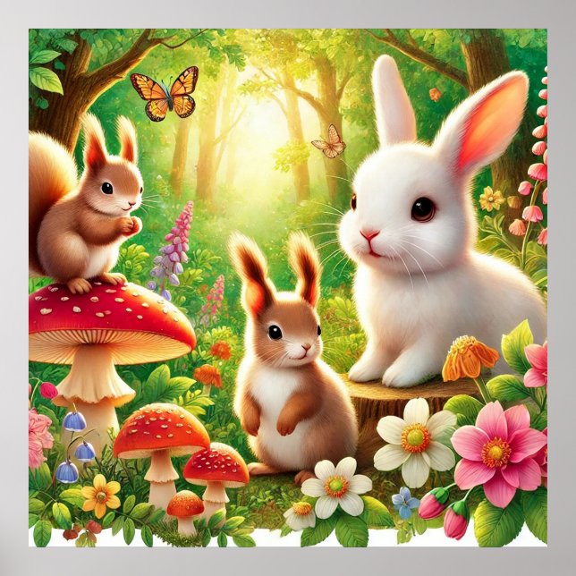 Whimsical skogsscen med kaniner, ekorrar poster (Framsidan)