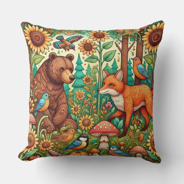 Whimsical Skogsscen med söta djur Kudde (Framsida)