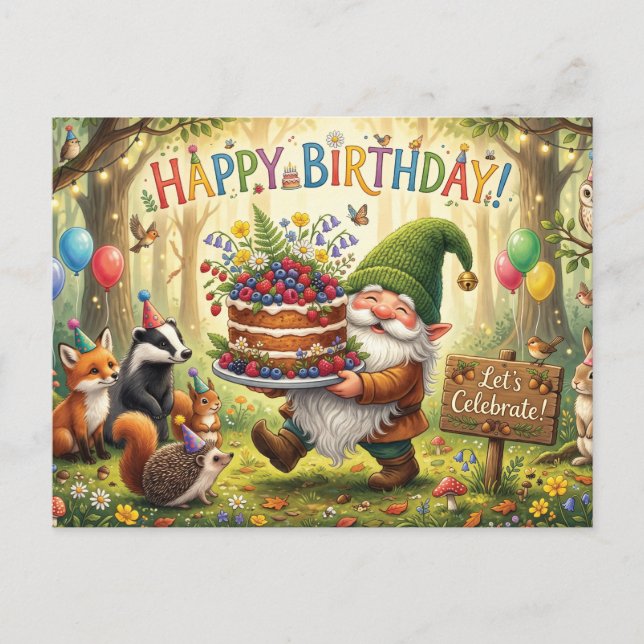 Whimsical Skogsträdgård Tomte Födelsedagsdesign Helg Vykort (Framsida)