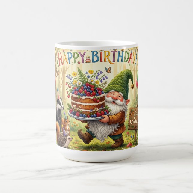 Whimsical Skogsträdgård Tomte Födelsedagsdesign Kaffemugg (Center)