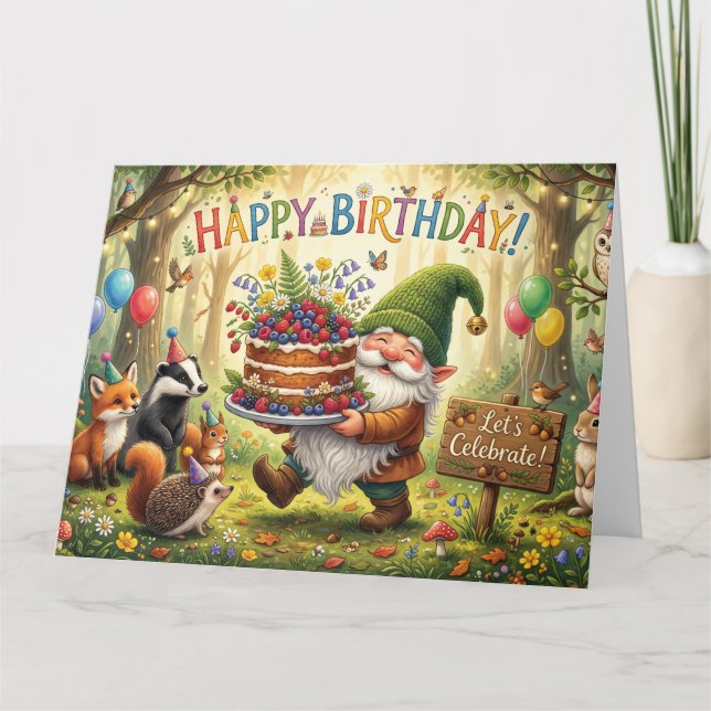 Whimsical Skogsträdgård Tomte Födelsedagsdesign Kort (Framsida)