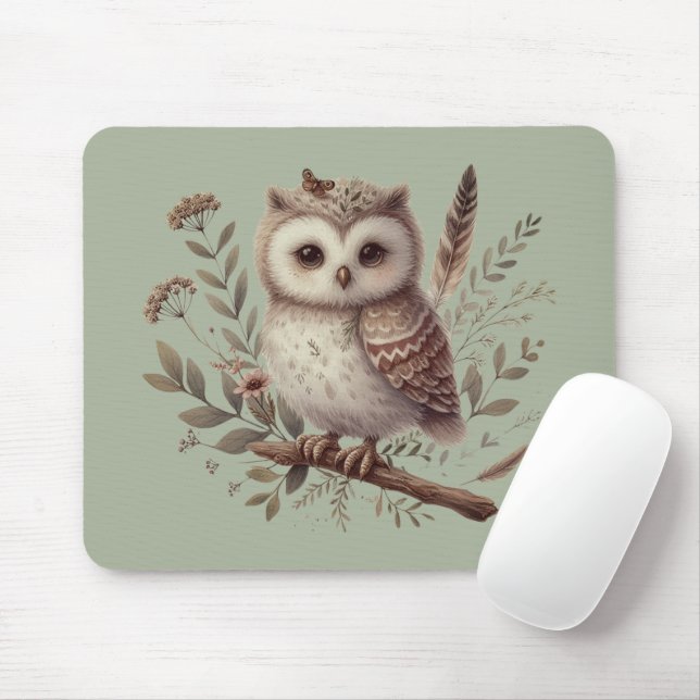 Whimsical Skogsuggla Botanisk Illustration Musmatta (Med mus)