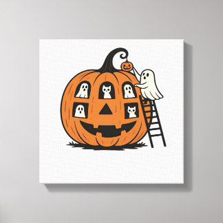 Whimsical Skrämmande Pumpa med Spöken, Katter & Ha Canvastryck