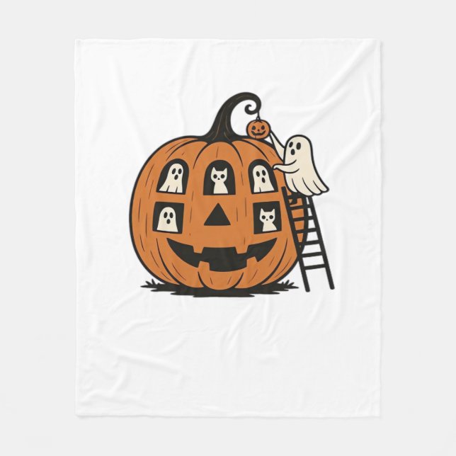 Whimsical Skrämmande Pumpa med Spöken, Katter & Ha Fleecefilt (Framsidan)