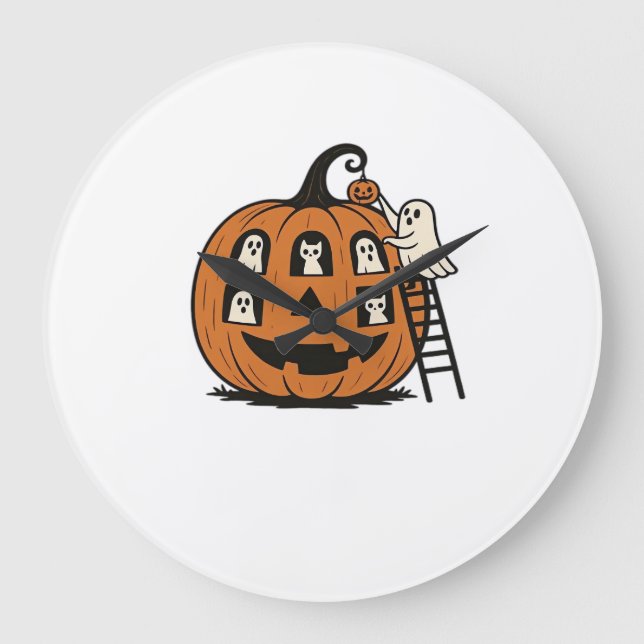 Whimsical Skrämmande Pumpa med Spöken, Katter & Ha Stor Klocka (Framsida)