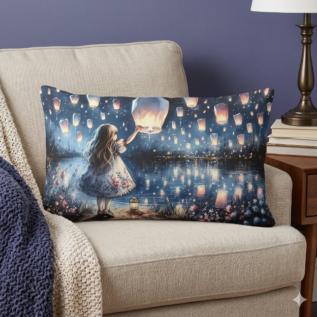 Whimsical Sky Lantern Lake Girl  Lumbarkudde (Whimsical Sky Lantern Lake Girl Lumbar Pillow)